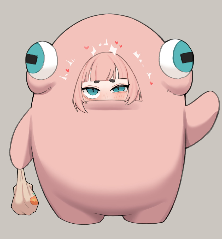 1girl, absurdres, aqua_eyes, awan_raccoon, blunt_bangs, blush, costume, english_commentary, full_body, grey_background, heart, highres, jack-o'-lantern, pink_hair, simple_background, solo, standing, thick_eyebrows, uneven_eyes