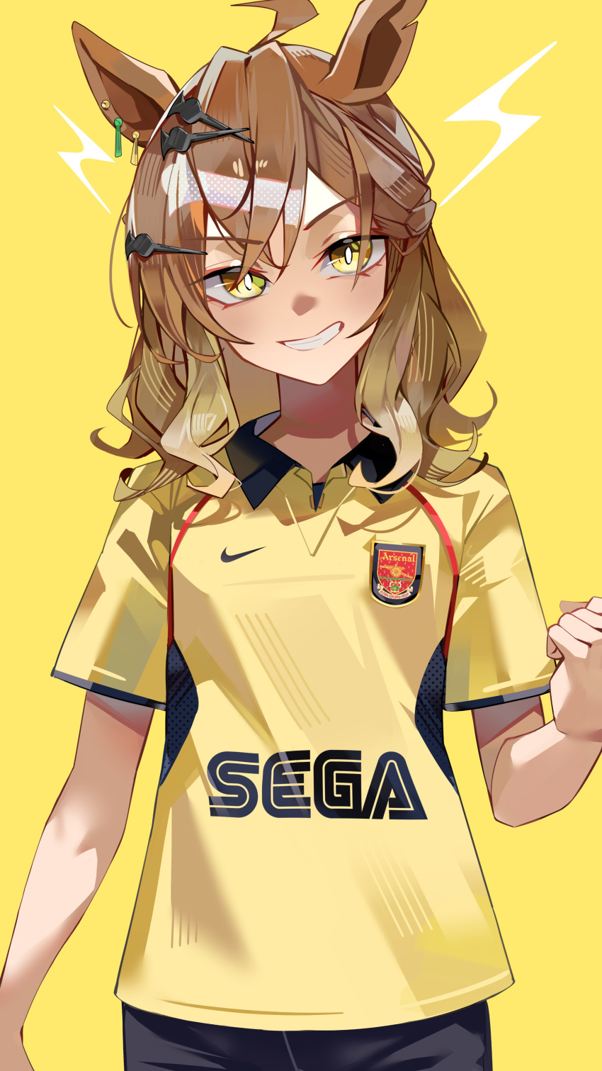 1girl, absurdres, ahoge, animal_ears, arsenal_fc, black_shorts, braid, brown_hair