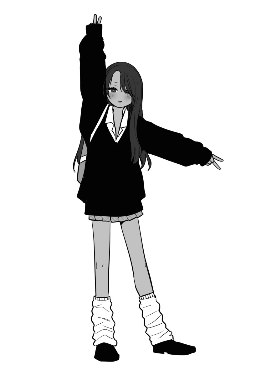 1girl, arm_up, closed_mouth, commentary_request, double_v, full_body, greyscale, gyaru_to_gyaru_no_yuri