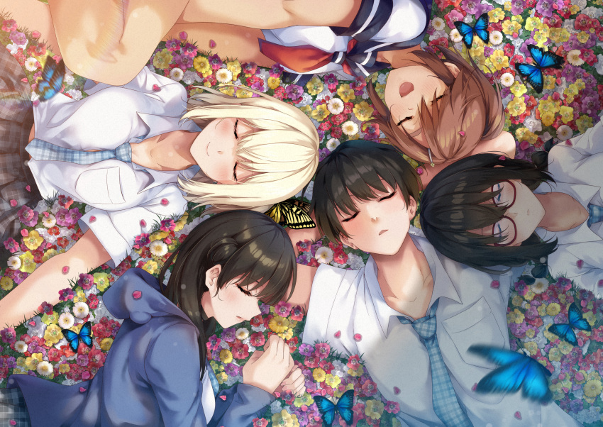 1boy, 4girls, arms_behind_head, asakura_ageha, black_hair, blonde_hair, blue_butterfly, blue_hoodie, blue_necktie, breasts, brown_hair, bug, butterfly, chouno_tsutomu, closed_eyes, closed_mouth, collarbone, commentary_request, facing_viewer, field, flower, flower_field, glasses, hair_between_eyes, hair_ornament, hairclip, highres, hood, hoodie, large_breasts, lying, medium_hair, mole, mole_under_eye, multiple_girls, neckerchief, necktie, omura_saki, on_back, on_ground, on_side, open_mouth, outdoors, parted_lips, pink_hair, plaid_clothes, plaid_skirt, pleated_skirt, red-framed_eyewear, red_neckerchief, ryouma_(galley), school_uniform, serafuku, shirt, short_hair, skirt, sleeveless, sleeveless_shirt, smile, tateha_ruri, white_shirt, yellow_butterfly, yumeochi_-_yume_de_bokura_wa_koi_ni_ochiru