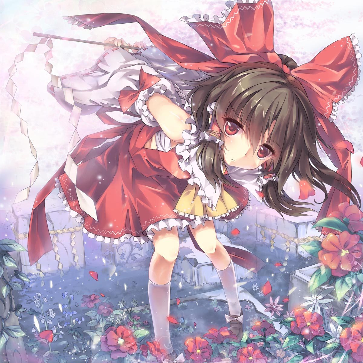 annoyed, arms_behind_back, ascot, bow, brown_hair, detached_sleeves, flower, frilled_skirt