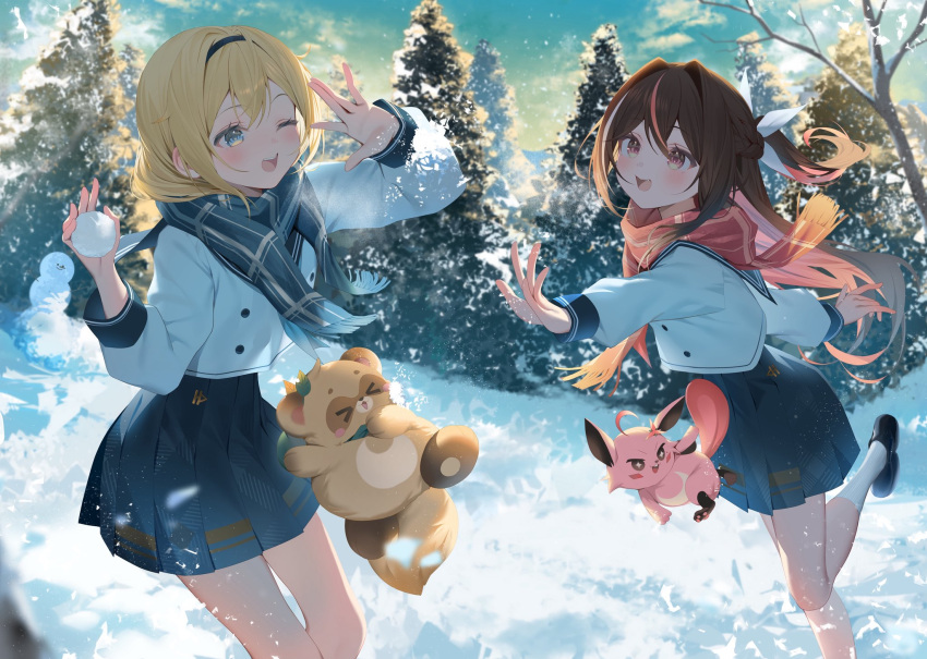 2girls, ;d, aqua_scarf, azki_(hololive), bare_tree, black_hairband, black_shoes, blonde_hair
