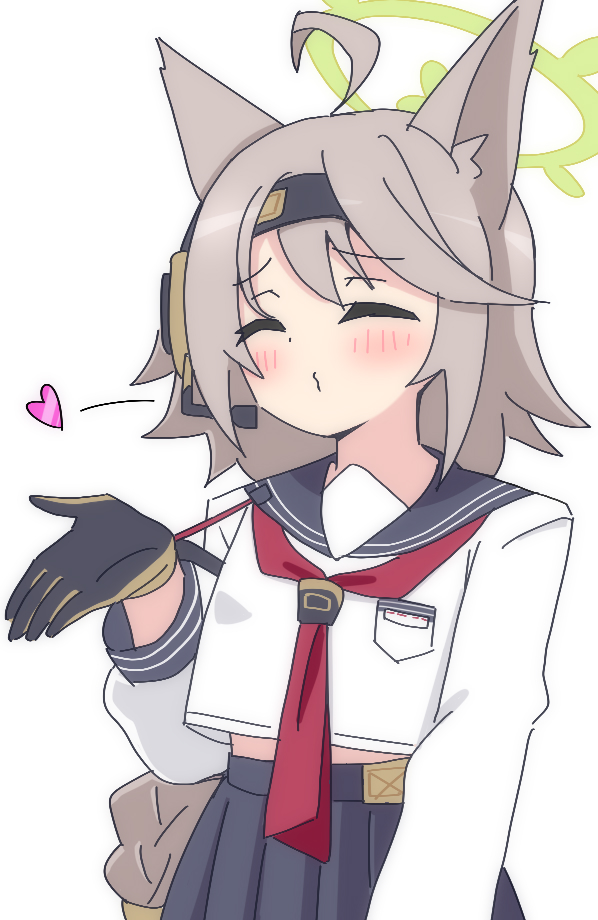 1girl, ^_^, ahoge, animal_ears, black_sailor_collar, black_skirt, blowing_kiss, blue_archive