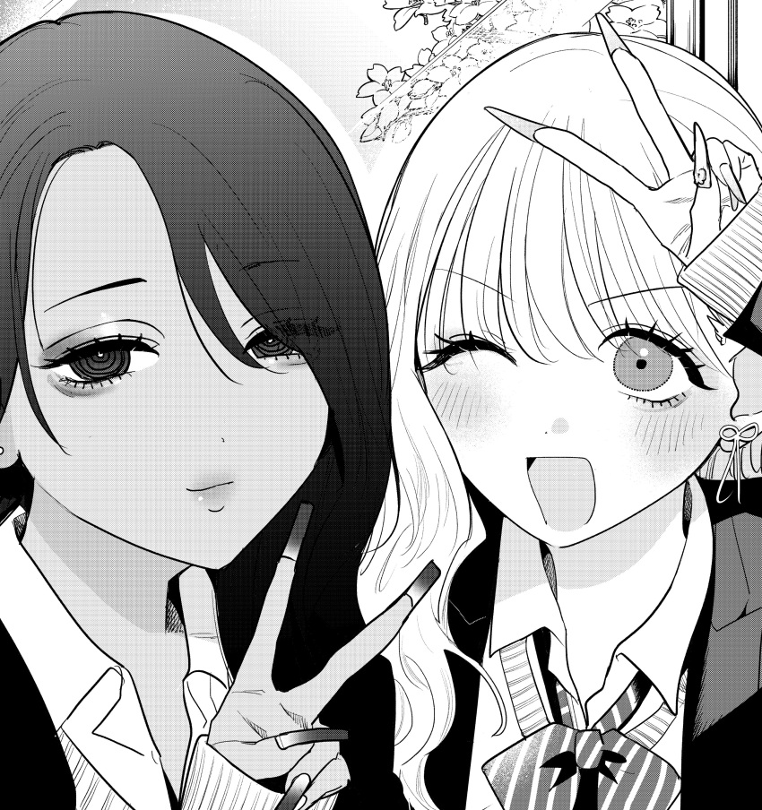2girls, :d, absurdres, aegyo_sal, blush, bow, bowtie, closed_mouth
