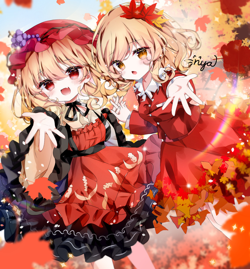 2girls, aki_minoriko, aki_shizuha, apron, autumn_leaves, black_ribbon, blonde_hair, blush