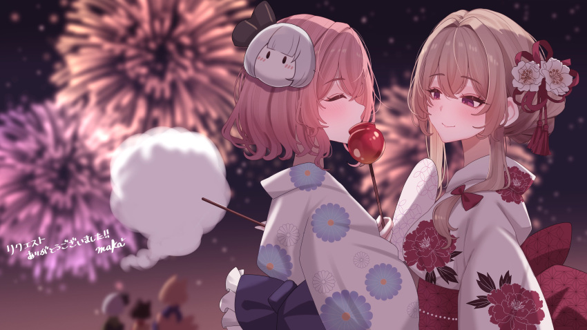 5girls, absurdres, aerial_fireworks, alternate_costume, blonde_hair, blue_kimono, blue_sash, blurry