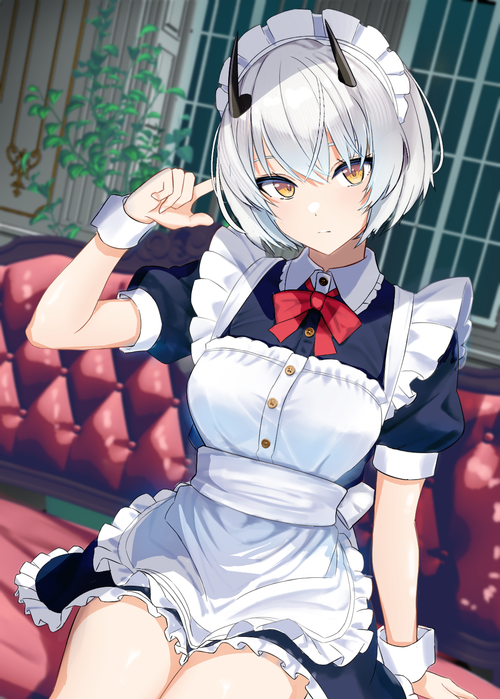 1girl, alternate_costume, apron, black_dress, black_horns, blue_archive, bow, bowtie