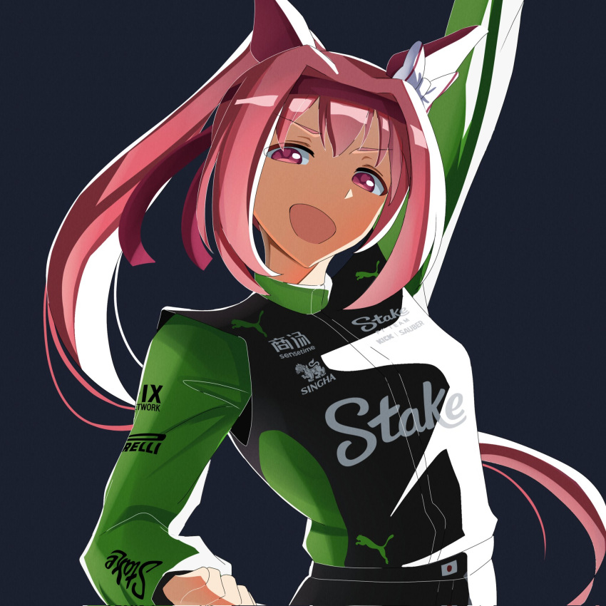1girl, animal_ears, arm_up, black_racing_suit, bow, ear_bow, ear_covers, flower-shaped_pupils