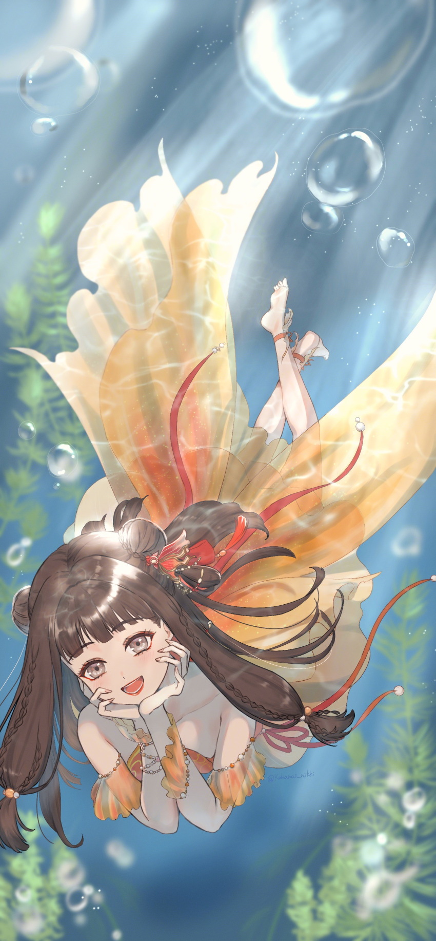 1girl, absurdres, bare_shoulders, bead_bracelet, beads, blunt_bangs, bracelet, brown_eyes, brown_hair, bubble, coattails, collarbone, commentary_request, detached_sleeves, dot_nose, double_bun, dress, dress_ribbon, eyelashes, floating_hair, floating_silk_(shining_nikki), full_body, hair_beads, hair_bun, hair_ornament, hair_ribbon, halter_dress, halterneck, hands_on_own_cheeks, hands_on_own_face, highres, jewelry, kohanai_setsuna, light_blush, light_particles, light_rays, long_hair, low-tied_sidelocks, medium_dress, multiple_bracelets, nikki_(series), open_mouth, orange_dress, orange_ribbon, orange_sleeves, orange_wrist_cuffs, pleated_sleeves, red_ribbon, ribbon, seaweed, see-through_clothes, see-through_sleeves, shining_nikki, short_sleeves, sidelocks, single_wrist_cuff, smile, solo, swimming, teeth, underwater, very_long_hair, wrist_cuffs