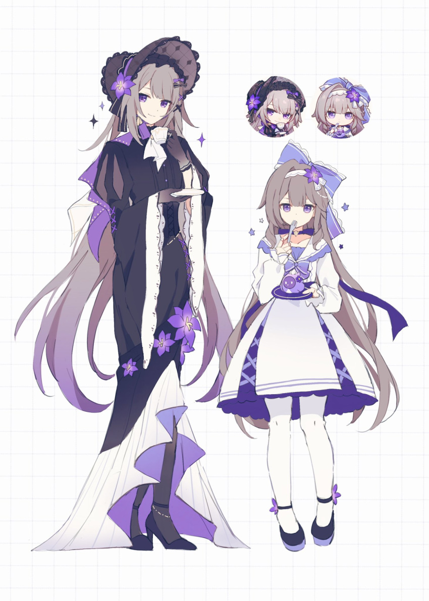 2girls, black_dress, black_gloves, black_pantyhose, black_shoes, brown_hair, closed_mouth, dress