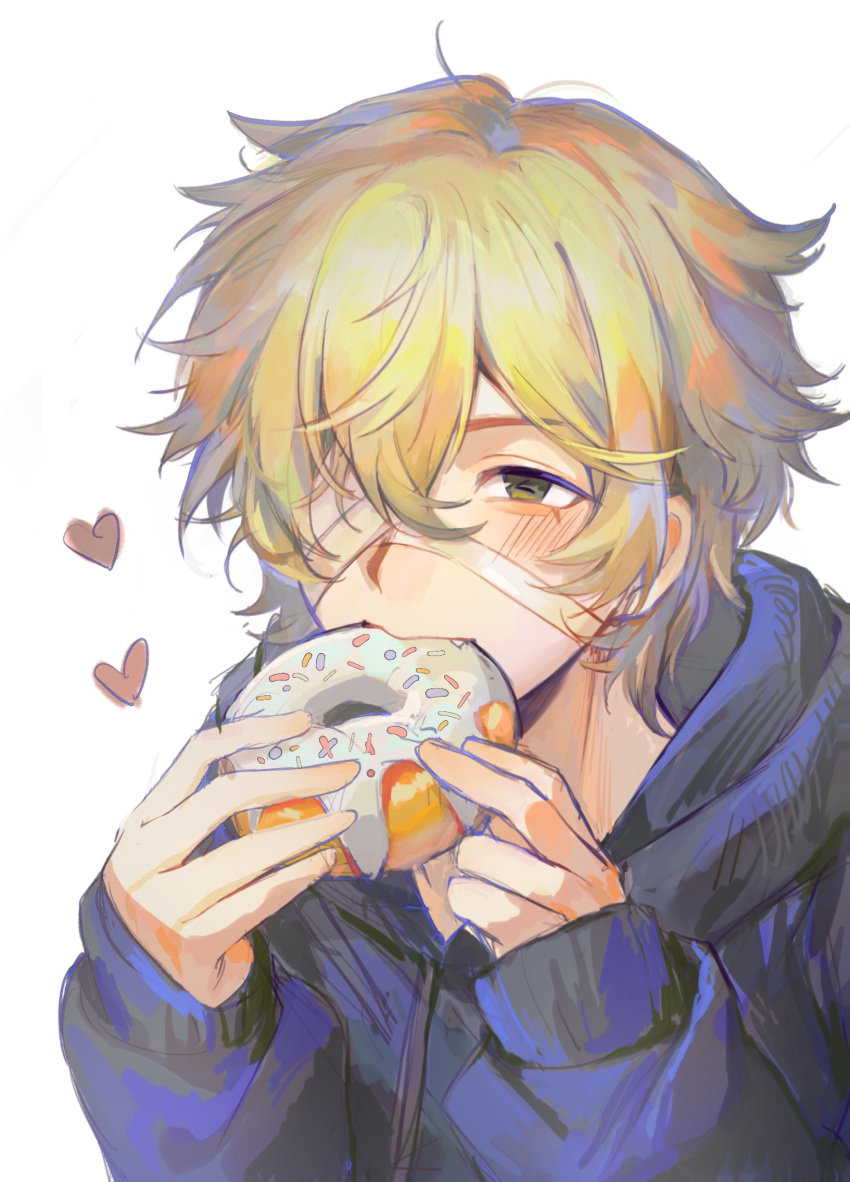 1boy, alternate_costume, animal_ears, bandage_over_one_eye, blonde_hair, blue_hoodie, blush, blush_stickers, dog_ears, doughnut, eating, face_filter, fang, florian_brand, food, green_eyes, hair_between_eyes, heart, highres, holding, holding_food, hood, hoodie, identity_v, lantfish, male_focus, no_headwear, portrait, solo, striped_blush, symbol-shaped_pupils