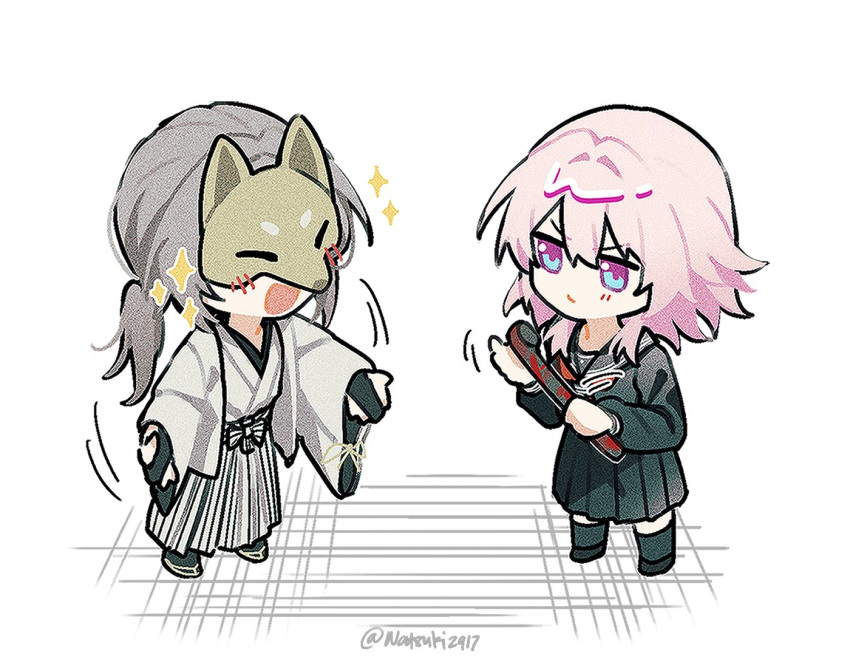 2girls, alternate_hairstyle, artist_name, black_serafuku, black_shirt, black_shoes, black_skirt, black_socks, blue_eyes, blush, bow, bridal_gauntlets, chibi, chibi_only, closed_mouth, cosplay, covered_eyes, crossover, english_commentary, eye_mask, fox_mask, fox_mask_(silent_hill), fox_mask_(silent_hill)_(cosplay), full_body, grey_hair, hair_between_eyes, hakama, hands_up, haori, holding, holding_lead_pipe, honkai:_star_rail, honkai_(series), japanese_clothes, kimono, lead_pipe, long_hair, long_sleeves, looking_at_another, low_ponytail, march_7th_(honkai:_star_rail), mask, multicolored_eyes, multiple_girls, natsuki_(2917), neckerchief, open_clothes, open_mouth, pants, parody, pink_hair, pleated_skirt, ponytail, puffy_long_sleeves, puffy_sleeves, red_neckerchief, sailor_collar, sandals, school_uniform, serafuku, shimizu_hinako, shimizu_hinako_(cosplay), shirt, shoes, short_hair, sidelocks, silent_hill_(series), silent_hill_f, simple_background, skirt, smile, socks, sparkle, standing, stelle_(honkai:_star_rail), trailblazer_(honkai:_star_rail), v-shaped_eyebrows, violet_eyes, white_background, white_bow, white_hakama, white_haori, white_kimono, white_pants, white_sandals, wide_sleeves