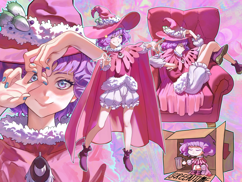 1girl, absurdres, black_clover, box, cape, cardboard_box, commentary, couch, curly_hair, dorothy_unsworth, flower, fur_trim, hat, hat_flower, highres, kisany, multicolored_eyes, multiple_views, on_couch, one_eye_closed, open_mouth, pink_cape, puffy_shorts, purple_hair, short_hair, shorts, smile, witch_hat