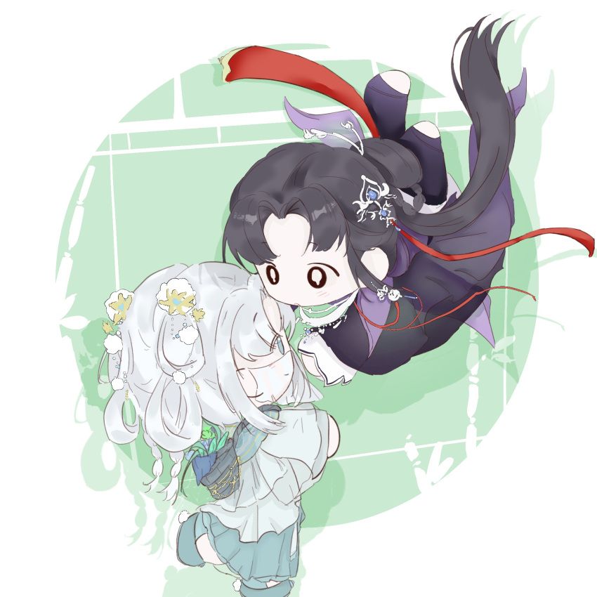 2girls, absurdly_long_hair, basket, black_hair, blue_hanfu, blue_shoes, border, bright_pupils