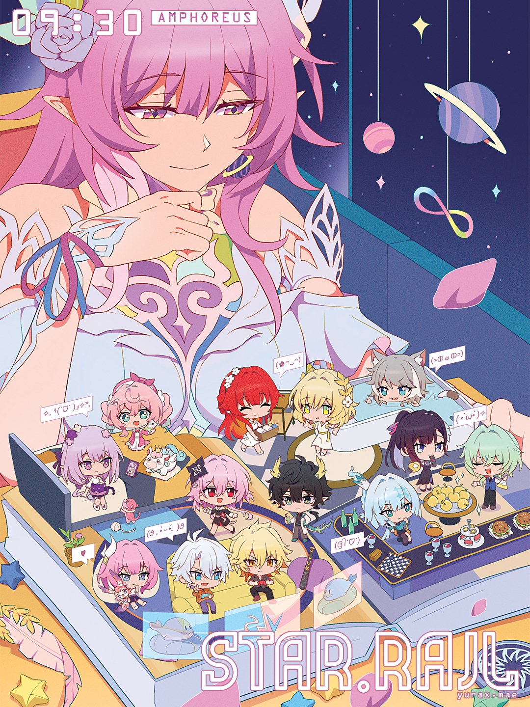 4boys, 6+girls, aglaea_(honkai:_star_rail), ahoge, amphoreus_(honkai:_star_rail), anaxa_(honkai:_star_rail), animal_ears, artist_name, bare_shoulders, black_hair, blonde_hair, blue_hair, book, castorice_(honkai:_star_rail), cerydra_(honkai:_star_rail), chrysos_heirs_(honkai:_star_rail), cipher_(honkai:_star_rail), commentary, copyright_name, cyrene_(honkai:_star_rail), cyrene_(ripples_of_past_reverie)_(honkai:_star_rail), dan_heng_(honkai:_star_rail), dan_heng_(hunt)_(honkai:_star_rail), diamond-shaped_pupils, diamond_(shape), dress, english_commentary, evernight_(honkai:_star_rail), flower, galaxy, grey_hair, hair_between_eyes, hair_flower, hair_ornament, highres, holding, holding_book, honkai:_star_rail, honkai_(series), hyacine_(honkai:_star_rail), hysilens_(honkai:_star_rail), infinity_symbol, little_ica_(honkai:_star_rail), long_hair, march_7th_(honkai:_star_rail), multicolored_hair, multiple_boys, multiple_girls, mydei_(honkai:_star_rail), orange_hair, phainon_(honkai:_star_rail), pink_hair, pointy_ears, purple_hair, red_hair, short_hair, sitting, skirt, smile, symbol-shaped_pupils, table, tail, trailblazer_(honkai:_star_rail), tribios_(honkai:_star_rail), white_dress, white_hair, yurax-mae