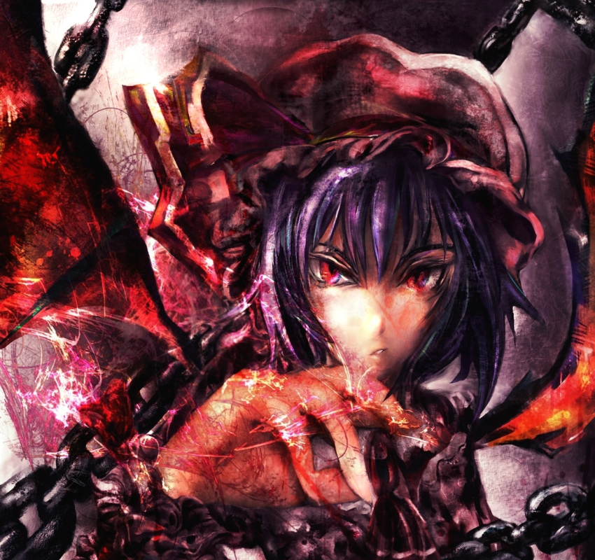 bat_wings, blue_hair, chain, chains, hat, kuro_kichi, red_eyes, remilia_scarlet