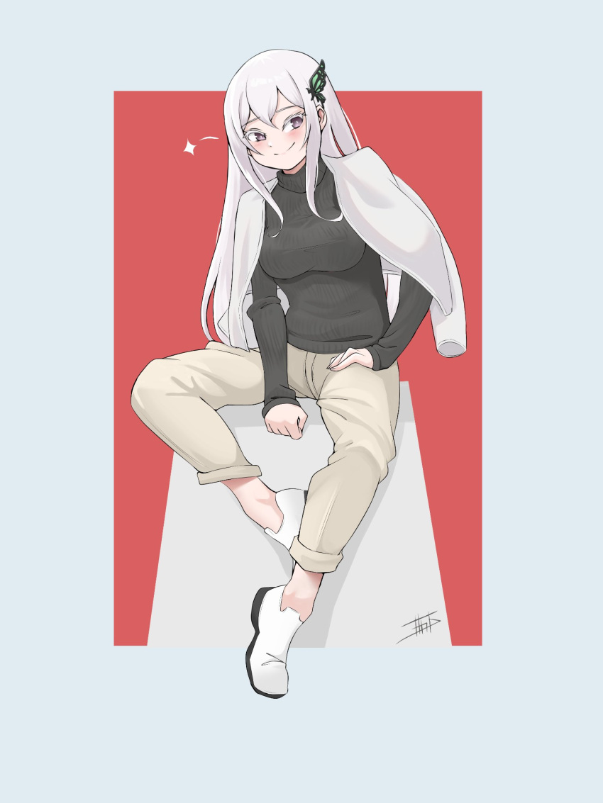 1girl, alternate_costume, between_legs, black_sweater, blush, border, breasts, butterfly_hair_ornament