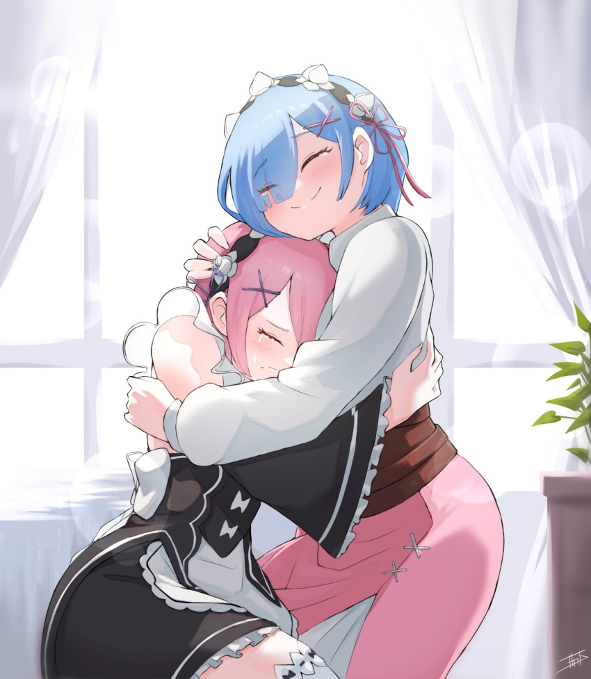 2girls, apron, black_dress, blue_hair, blush, closed_eyes, closed_mouth, comforting