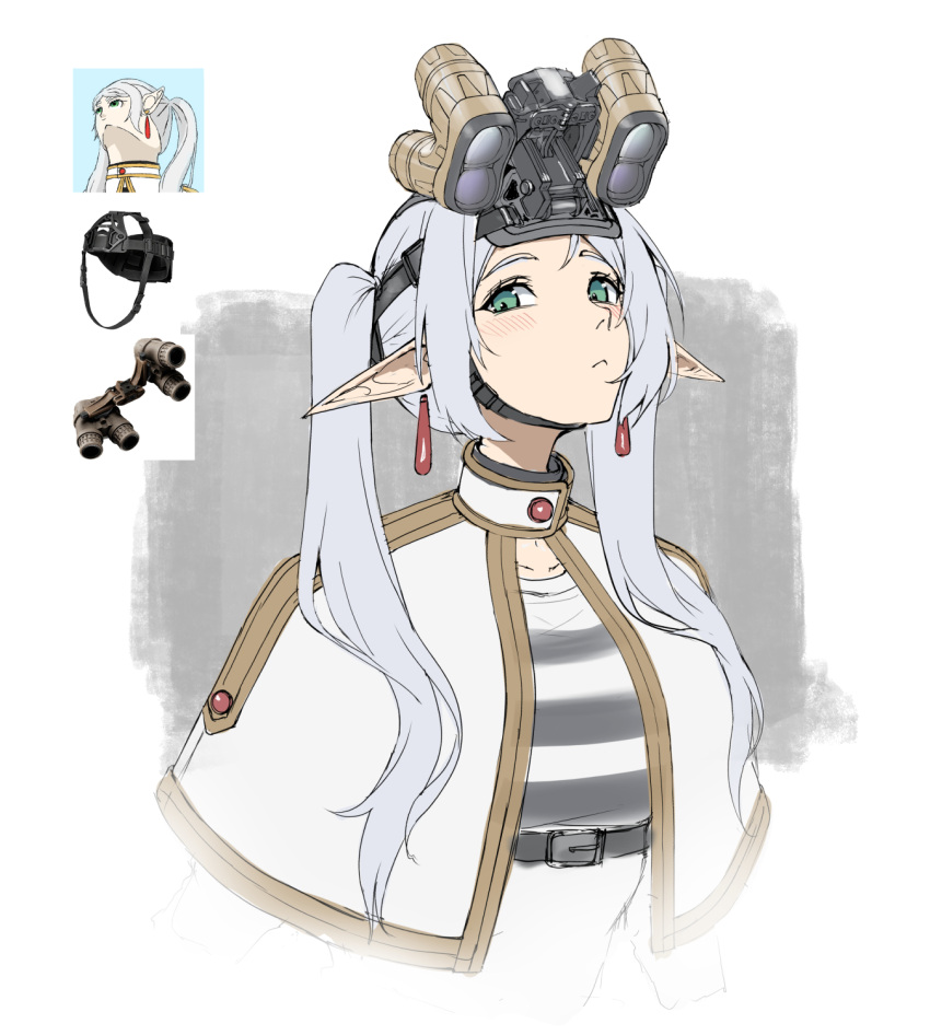 1girl, :<, blush, capelet, closed_mouth, commentary, cropped_arms, cropped_torso, earrings, elf, english_commentary, frieren, green_eyes, grey_background, highres, jewelry, kitsune_udon_(qtsuneudon), long_hair, looking_at_viewer, meme, night_vision_device, photo_inset, pointy_ears, reference_inset, simple_background, solo, sousou_no_frieren, twintails, upward_angle_frieren_drawing_(meme), white_background, white_capelet, white_hair