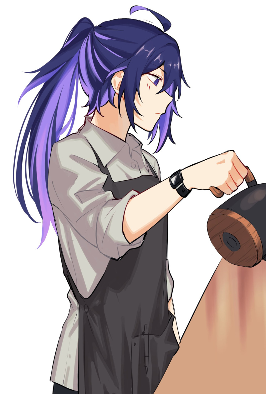 1girl, ahoge, alternate_hairstyle, apron, black_apron, blush, buttons, closed_mouth