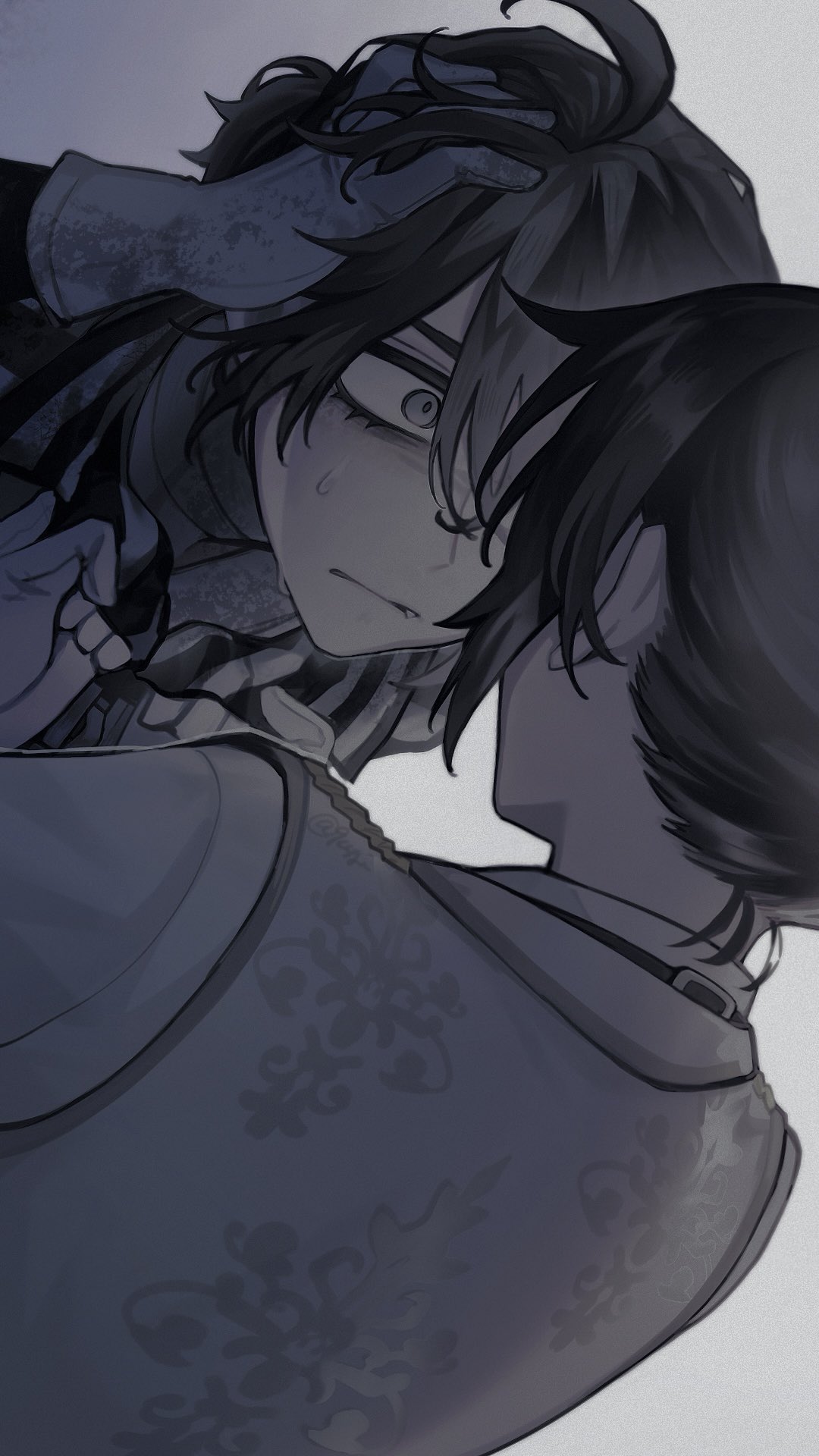 2boys, 9csgi, ahoge, bandaged_neck, bandages, brown_hair, clothes_grab, dual_persona