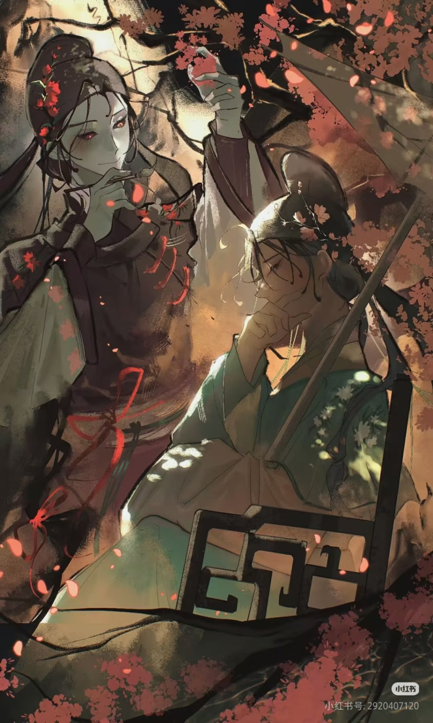 2boys, aqua_hanfu, aqua_robe, armchair, black_eyes, black_hair, black_hanfu, black_hat, black_robe, black_sclera, branch, calligraphy_brush, chair, cherry_blossoms, chinese_clothes, chinese_commentary, closed_mouth, colored_sclera, colored_skin, dappled_sunlight, falling_petals, fan_wujiu, fan_wujiu_(blushing_scholars), feet_out_of_frame, flower, from_side, grey_skin, hair_flower, hair_ornament, half-closed_eyes, hand_on_own_chin, hand_up, hanfu, hat, highres, holding, holding_calligraphy_brush, holding_flower, holding_paintbrush, holding_umbrella, identity_v, jin_(headwear), layered_sleeves, long_hair, long_sleeves, looking_at_another, looking_at_viewer, low_twintails, male_focus, matching_outfits, multiple_boys, official_alternate_costume, oil-paper_umbrella, paintbrush, petals, pink_flower, plum_blossoms, profile, red_eyes, red_flower, red_ribbon, ribbon, robe, shiwu_ye_ying, short_over_long_sleeves, short_sleeves, sidelighting, sitting, smile, standing, sunlight, tang_jin_(headwear), twintails, umbrella, white_umbrella, xie_bi'an, xie_bi'an_(blushing_scholars), yuanlingpao