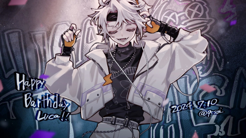 1boy, 9csgi, belt, black_gloves, black_shirt, character_name, closed_eyes, colored_eyelashes, dated, fang, fingerless_gloves, gloves, hand_on_headphones, happy_birthday, headband, headphones, highres, identity_v, jacket, jewelry, luca_balsa, luca_balsa_(rice), male_focus, official_alternate_costume, open_mouth, orange_gloves, pendant, print_belt, protected_link, shirt, skin_fang, solo, turtleneck, twitter_username, two-tone_gloves, upper_body, white_eyelashes, white_hair, white_jacket