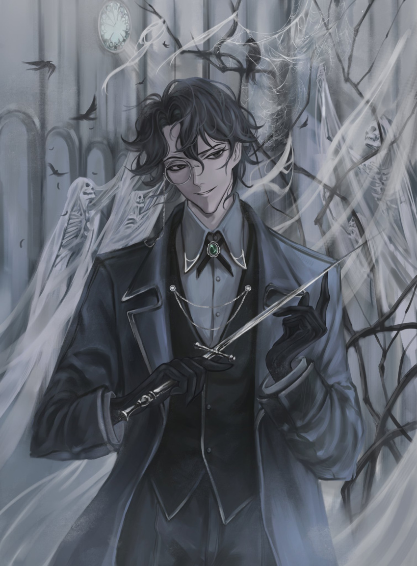 1boy, ajsaart, amon_(lord_of_the_mysteries), black_eyes, black_gloves, black_hair, black_vest, brooch, collared_shirt, cowboy_shot, curtains, dagger, falling_feathers, feathers, gloves, grey_jacket, grey_shirt, head_tilt, highres, holding, holding_dagger, holding_knife, holding_weapon, jacket, jewelry, knife, looking_to_the_side, lord_of_the_mysteries, male_focus, monocle, narrowed_eyes, shirt, short_hair, simple_bird, smirk, solo, vest, weapon
