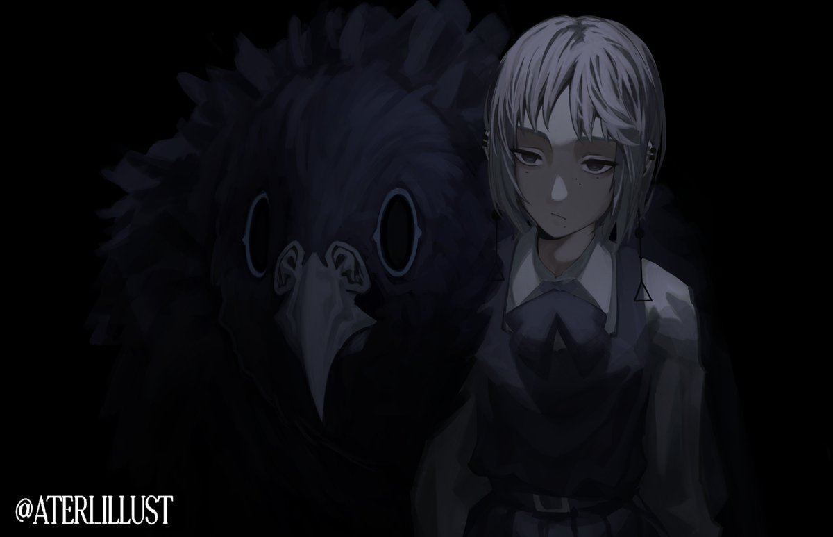 1girl, ateri_illust, bird, chainsaw_man, death_devil_(chainsaw_man), dress, earrings, fami_(chainsaw_man)