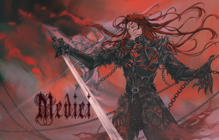 1boy, ajsaart, armor, belt, breastplate, chain, character_name, claws