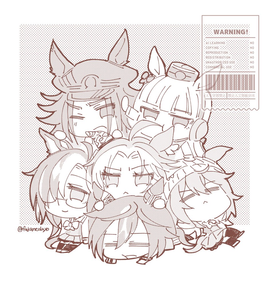 6+girls, :<, ahoge, animal_ears, biting_another's_hair, chibi, chibi_only, closed_eyes