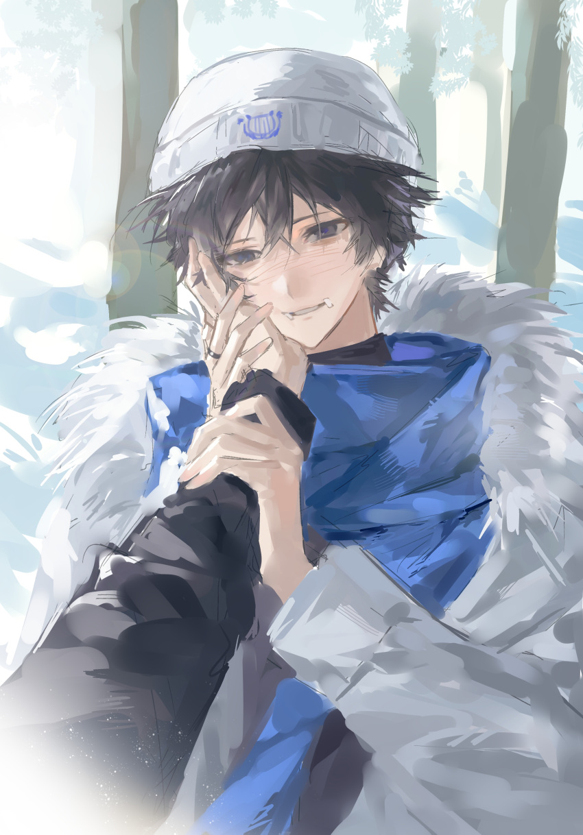 1boy, absurdres, black_hair, black_shirt, blue_eyes, blue_scarf, blush, chinese_commentary, coat, commentary_request, crossed_bangs, fur-trimmed_coat, fur_trim, hair_between_eyes, hand_on_another's_cheek, hand_on_another's_face, hand_on_another's_hand, hat, highres, hood, identity_v, jacket, jewelry, looking_at_viewer, male_focus, naib_subedar, naib_subedar_(oph.naib), outdoors, pov, pov_hands, ring, scarf, shirt, short_hair, smile, solo, stitched_mouth, stitches, upper_body, white_coat, white_hat, yi_kuan_pp
