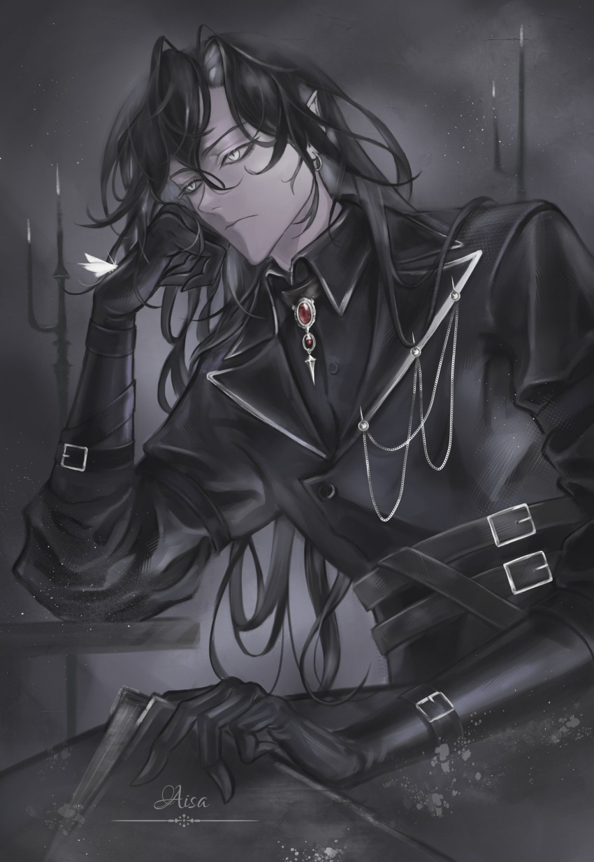 1boy, aegyo_sal, ajsaart, baggy_clothes, belt, black_gloves, black_hair, black_shirt