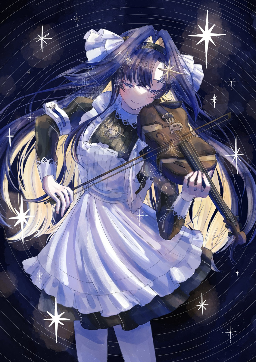 1girl, apron, aster_(sterdust_08), black_dress, black_hairband, blonde_hair, blue_hair, bow_(music)