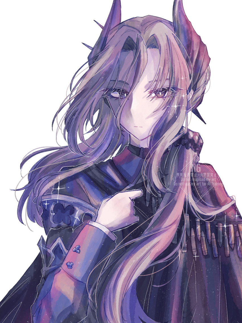 1girl, aster_(sterdust_08), black_cape, blue_jacket, cape, closed_mouth, grey_eyes, grey_hair
