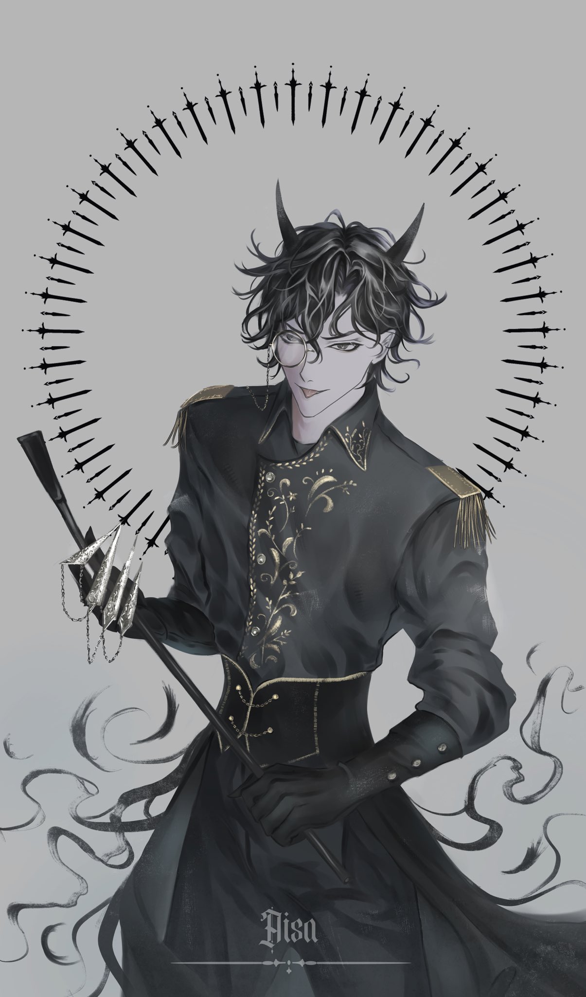 1boy, :p, ajsaart, amon_(lord_of_the_mysteries), black_eyes, black_gloves, black_hair, black_shirt