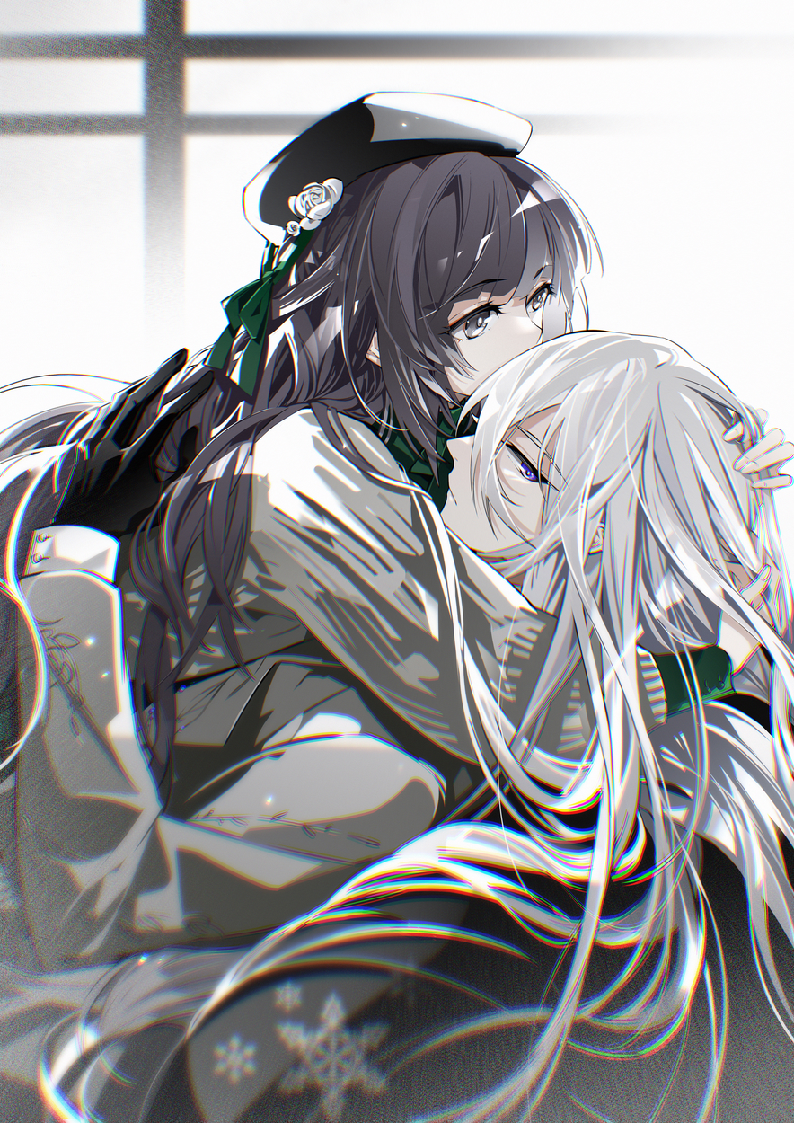 1boy, 1girl, beret, black_gloves, black_hat, cael_anselm, chromatic_aberration, closed_mouth, coat, coldiron, couch, flower, gloves, green_ribbon, grey_coat, grey_eyes, grey_sweater, hand_in_another's_hair, hand_on_another's_head, hat, hat_flower, hat_ribbon, heroine_(lovebrush_chronicles), hetero, highres, hug, long_hair, long_sleeves, looking_at_another, looking_at_viewer, lovebrush_chronicles, lying, lying_on_person, on_couch, profile, purple_hair, ribbon, sitting, smile, snowflakes, sweater, upper_body, violet_eyes, white_flower, white_hair, window