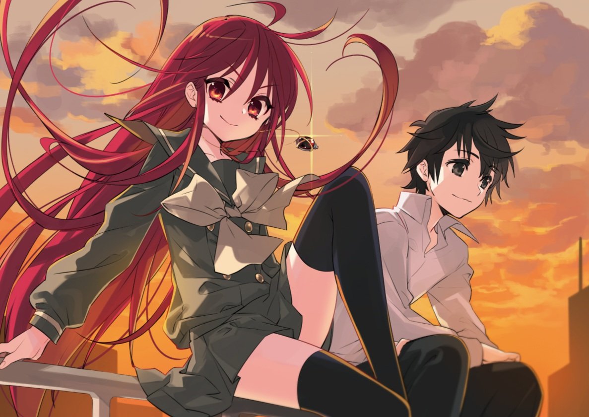 1boy, 1girl, alastor_(shakugan_no_shana), ito_noizi, jewelry, long_hair, long_sleeves, misaki_high_school_uniform