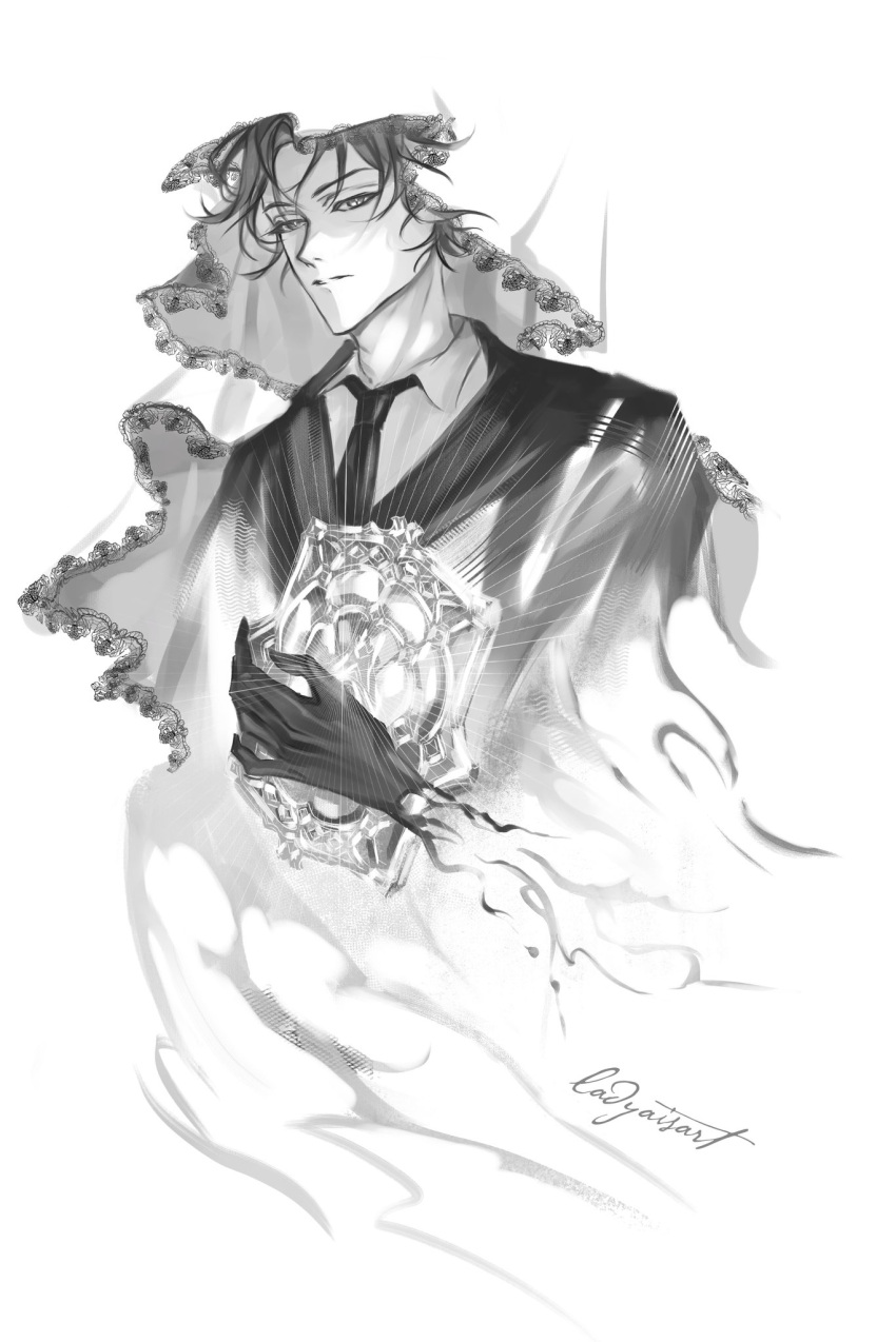 1boy, ajsaart, blending, cloak, coat, collared_shirt, glint, gloves