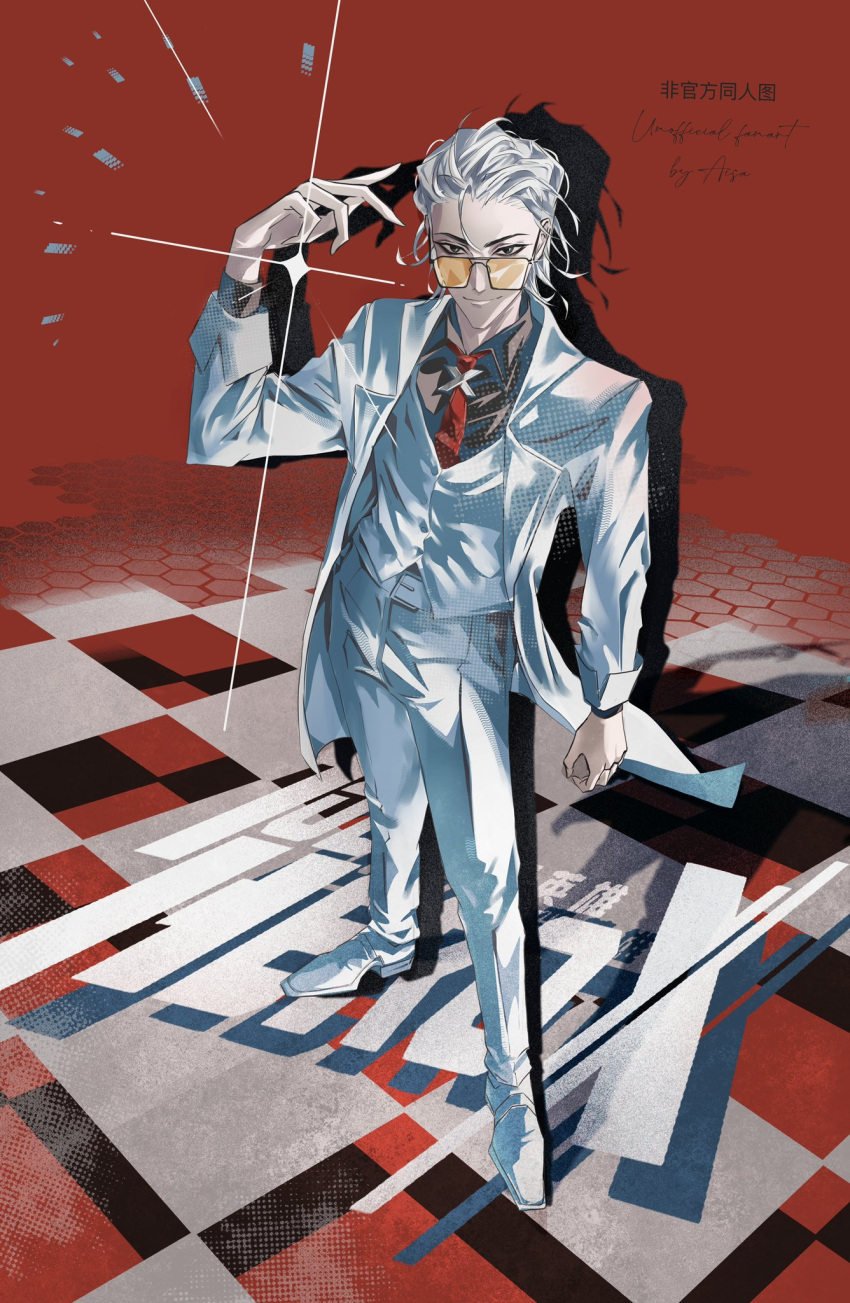 1boy, ajsaart, black_shirt, coat, collared_shirt, contrapposto, copyright_logo, drop_shadow