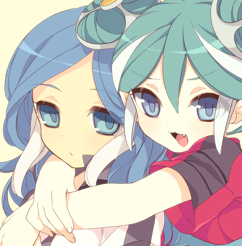 blue_eyes, blue_hair, blush, chiku-wa, fang, green_hair, inazuma_eleven, inazuma_eleven_(series)