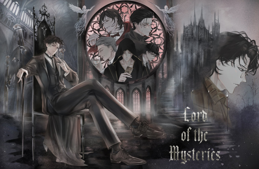 6+boys, ajsaart, angel, arched_window, black_cloak, black_coat, black_hair, black_necktie, black_vest, bow, bowtie, castle, character_request, check_character, cloak, coat, collared_shirt, column, copyright_name, crossed_legs, dwayne_dantes, fog, full_body, gehrman_sparrow, grey_hair, hat, head_tilt, highres, index_finger_raised, indoors, klein_moretti, looking_at_viewer, lord_of_the_mysteries, merlin_hermes, monocle, multiple_boys, multiple_persona, multiple_views, necktie, open_clothes, open_coat, pillar, red_cloak, sherlock_moriarty, shirt, short_hair, sitting, stairs, throne, vest, white_hair, white_shirt, window, zhou_mingrui