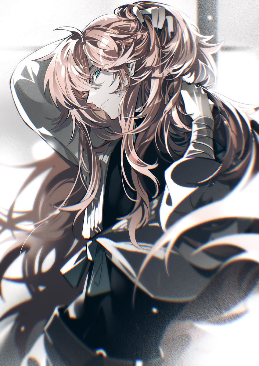 1boy, adjusting_hair, ahoge, aqua_eyes, arm_wrap, bishounen, black_shirt, chinese_clothes