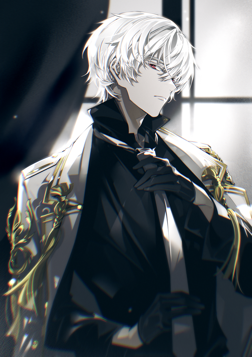 1boy, adjusting_clothes, adjusting_necktie, black_gloves, black_shirt, blurry, blurry_background, chromatic_aberration