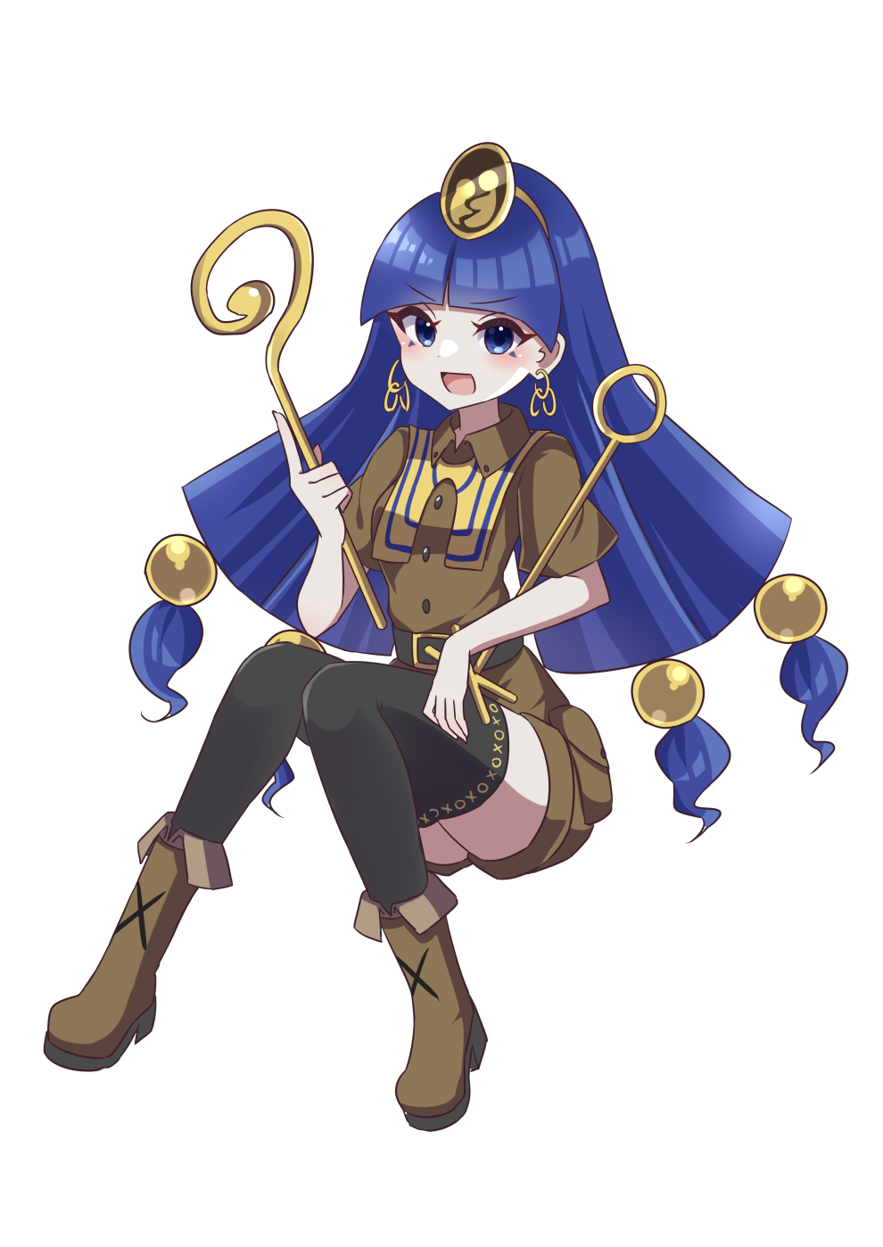 1girl, black_thighhighs, blue_eyes, blue_hair, boots, brown_boots, brown_shirt, brown_shorts