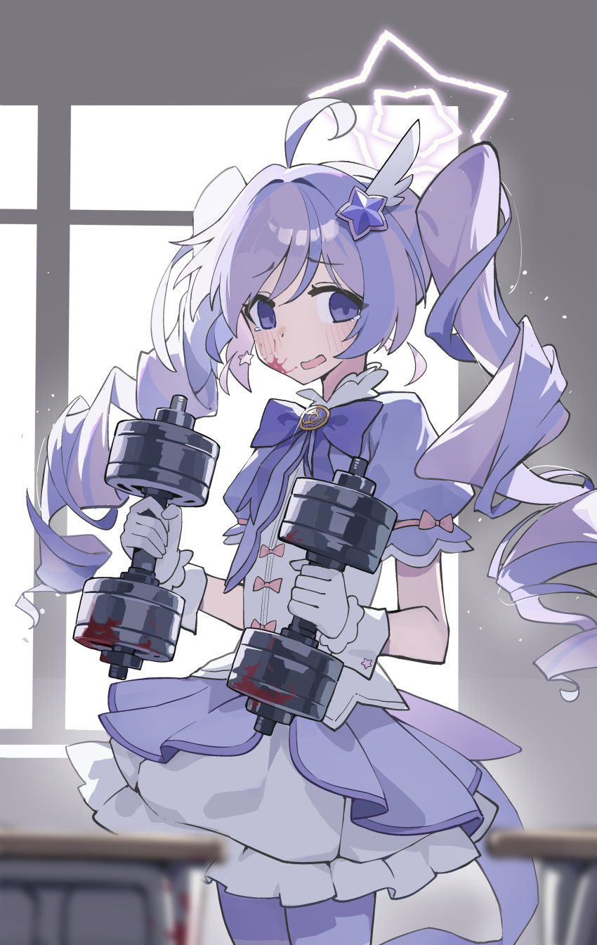 1girl, absurdres, blood, blood_on_face, blood_on_tool, blue_archive, bow, chinese_commentary
