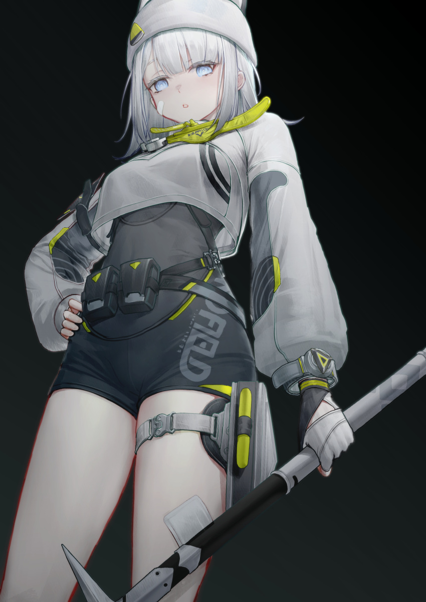 1girl, absurdres, arknights, arknights:_endfield, bike_shorts, black_shirt, blue_eyes, cropped_jacket