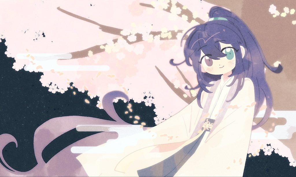 1boy, aqua_eyes, black_eyes, blue_hair, cherry_blossoms, chinese_clothes, closed_mouth, coat