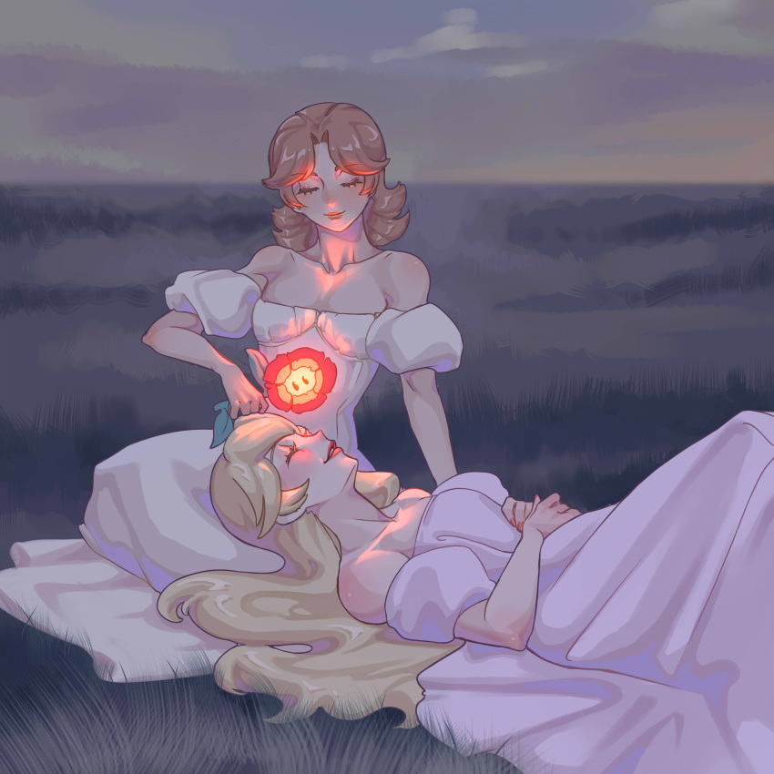 2girls, absurdres, blonde_hair, brown_hair, closed_eyes, dress, eyelashes, flower