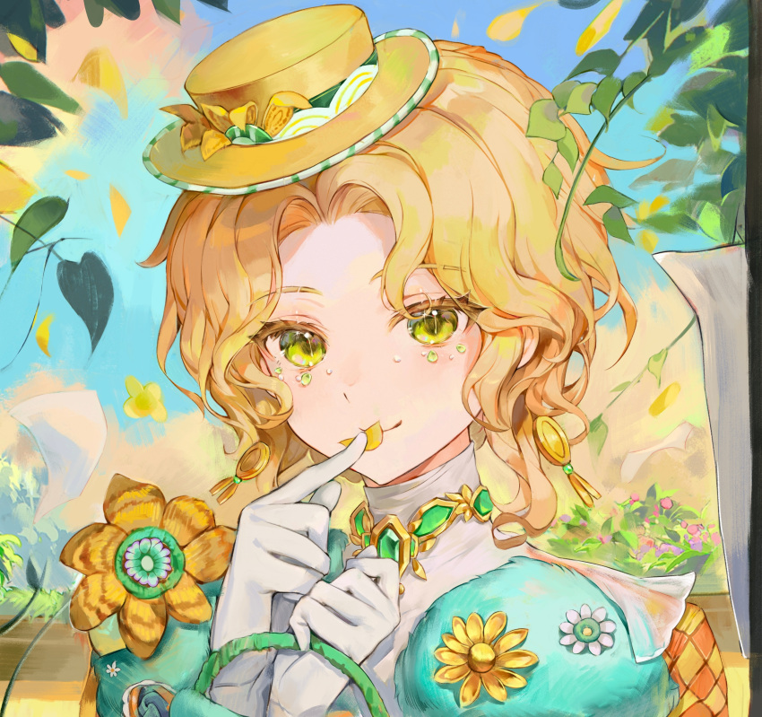 1girl, absurdres, alice_deross, alice_deross_(miss_watson), blonde_hair, blue_sky, bush, face_gems